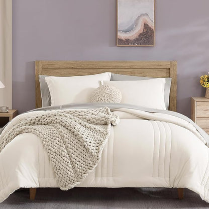 Monbix Queen Comforter Set - 7 Pieces Snow White Bed in a Bag Queen Bedding Sets with Comforters, All Seasons Comforter Bed Set with Sheets, Pillowcases & Shams