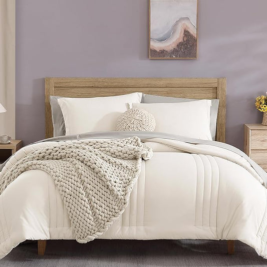 Monbix Queen Comforter Set - 7 Pieces Snow White Bed in a Bag Queen Bedding Sets with Comforters, All Seasons Comforter Bed Set with Sheets, Pillowcases & Shams
