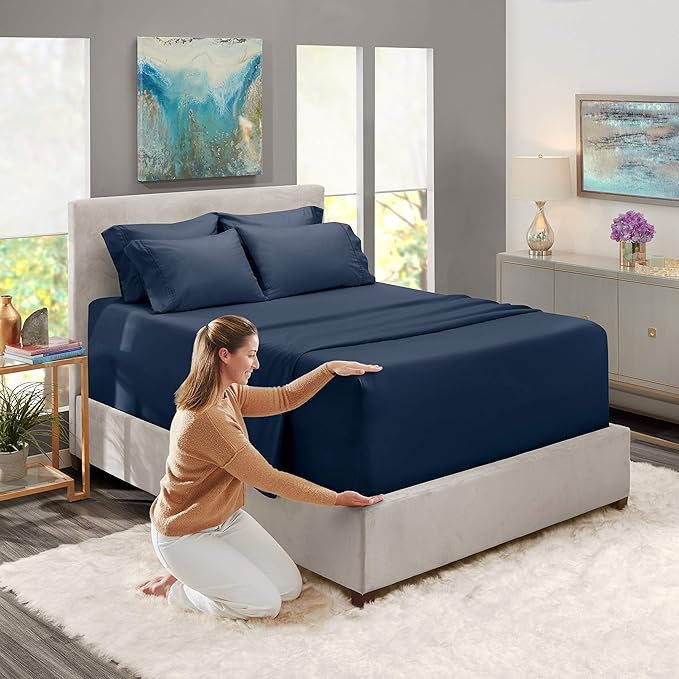 Hearth & Harbor Extra Deep Pocket Queen Sheets Sets - Fits Mattress 18-24 Inches Deep - Extra Deep Pocket Sheets - 6 Piece Queen Size - Navy Blue
