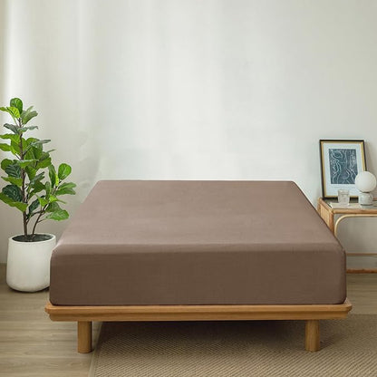 MooMee Fitted Bottom Sheet Only 100% Washed Cotton Linen Like Textured Breathable Durable Soft Comfy Deep Pocket Fits Mattress up to 17" (Brown, King)