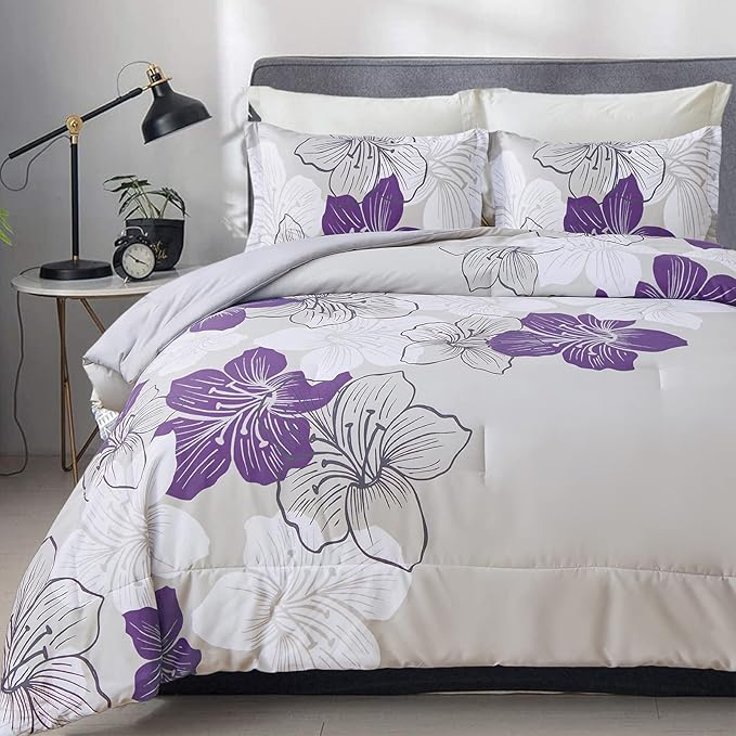 Menghomeus California King Comforter Set Purple Floral Pattern Printed on Grey Cal King Bedding Set Soft Microfiber Bed Comforter Set for All Season