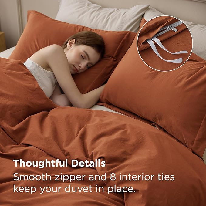 Bedsure 100% Washed Cotton Duvet Cover King Size - Burnt Orange Minimalist Bedding Set Linen Like - PureWoven Plain Simple & Soft Comforter Cover for All Seasons (Burnt Orange, King, 104"x90")