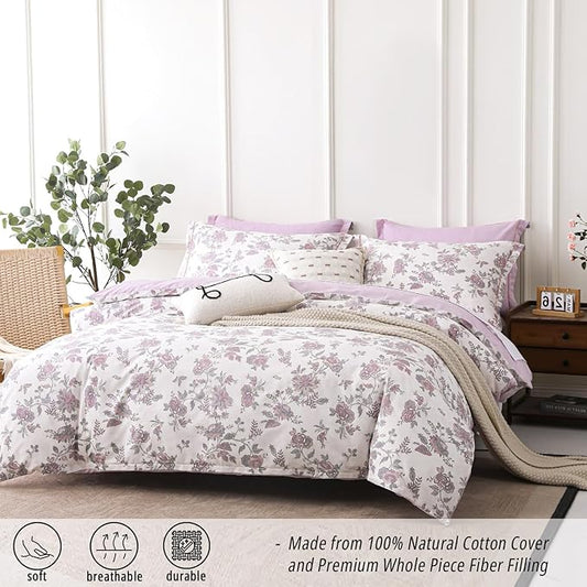 Pink Floral Cotton Comforter Queen Size 3PC - Vintage Romantic Botanical on Soft White with Smoky Pink Floral Reverse – Cozy Reversible Lightweight Comforter Set with Soft Fill(90"×90")