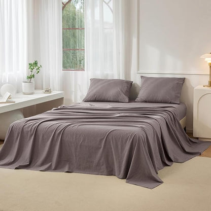 JIYUAN Queen Size Sheet Set, 4-Piece - 100% Washed Cotton, Linen-Like Soft & Breathable, Includes Deep Pocket Fitted & Flat Sheet with 2 Pillowcases, Hotel Quality, Heathered Mauve Brown