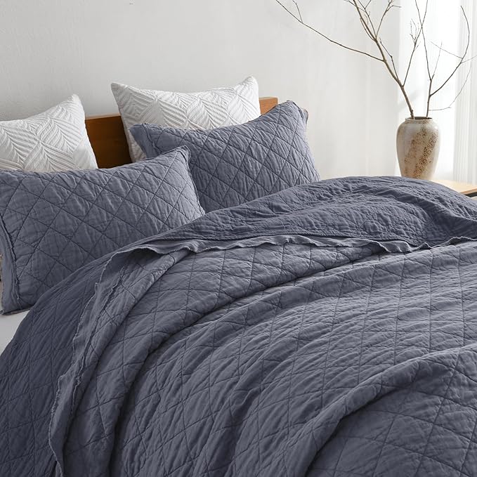 HORIMOTE HOME 100% Linen Front/100% Cotton Back Quilt Set Queen Size, Steel Blue Pre-Washed European Flax Linen Quilt, Diamond Stitch Bedspread Coverlet Bedding Set 3-Piece for All Seasons