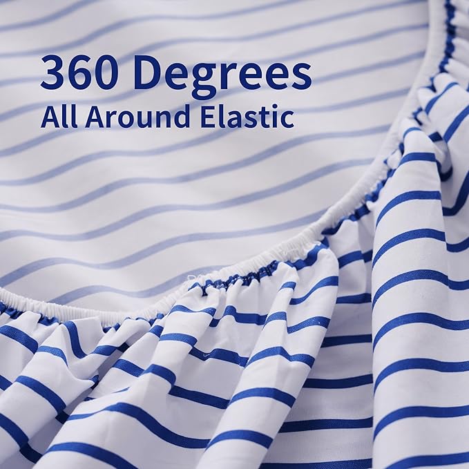 Queen Blue Striped Bed Sheet Set 4 Piece with 16-Inch Deep Pockets- Super Soft & Wrinkle Free Stripe Bed Sheets - Hotel Luxury Blue White Striped Pinstripe Bedding for All Season