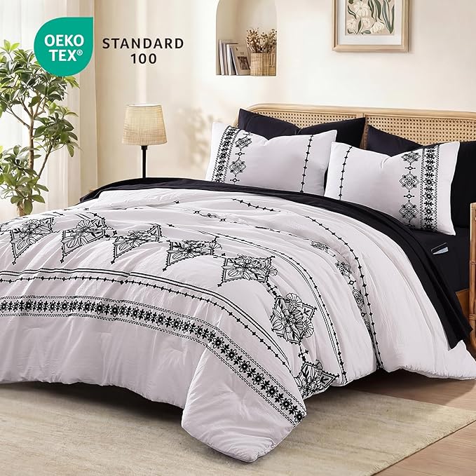 MaiRêve Full Size Comforter Set Frost White, Embroidery Floral Western Boho Bedding Set, All Season 7 Pieces Bed in a Bag with Sheets, Pillowcases & Shams