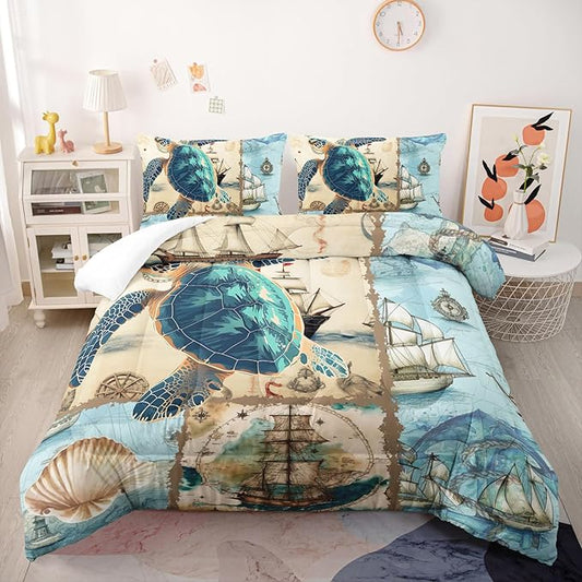 Sea Turtle Comforter Set Full Navigation Theme Bedding Sets 3PCS for Kids Teen Adult Sailboats Room Decor Ultra-Soft Lightweight Microfiber 1 Comforter with 2 Pillowcases