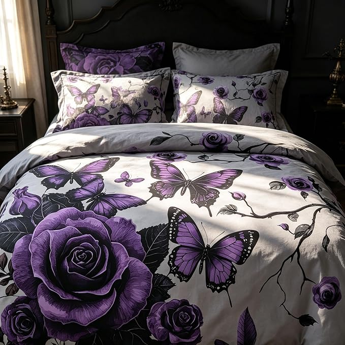 Vintage Floral Comforter Set Queen Size, Grey Purple Floral Bedding Set for Gothic Bedroom Decor, 3 Pieces Soft Microfiber Lightweight Comforter Set with 2 Pillowcases, 90"x90"