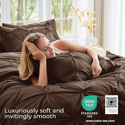 Sasttie Queen Comforter Set, 7-Piece Bed in a Bag, Pintuck Bedding Sets for All Season, Includes Comforter, Flat Sheet, Fitted Sheet, Pillowcases and Pillowshams, Dark Brown
