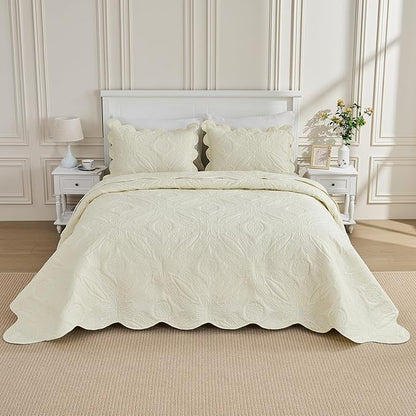 Kingnex Oversized King Bedspreads 128x120 for Extra Wide Tall King or Cal King Bed Ultrasonic Quilted Coverlet Set 3 Piece Include 1 Quilt 2 Pillowcases Cream