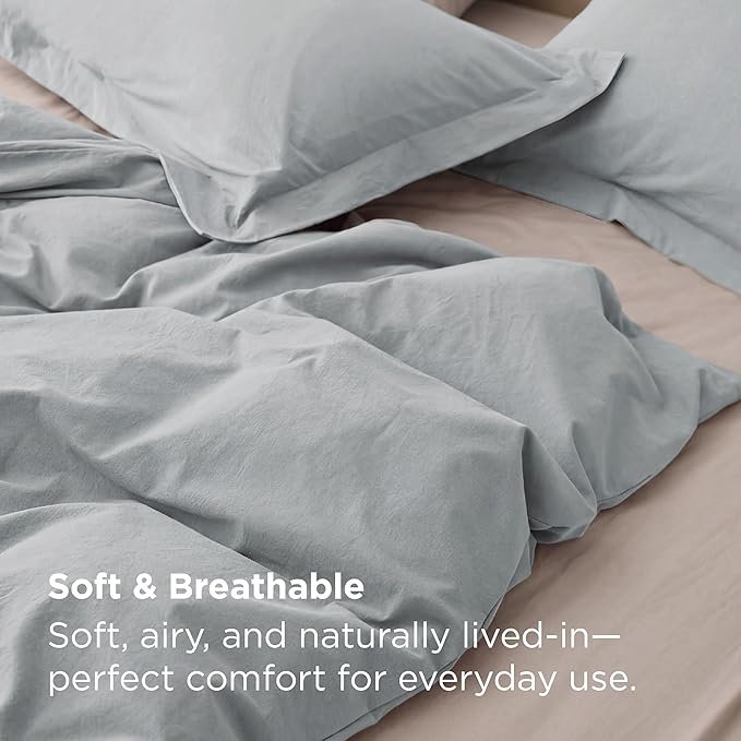 Bedsure 100% Washed Cotton Duvet Cover Queen Size - Pastel Blue Minimalist Bedding Set Linen Like - PureWoven Plain Simple & Soft Comforter Cover for All Seasons (Pastel Blue, Queen, 90"x90")