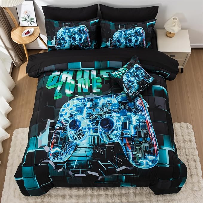 Aimuan Gamer Gaming Bedding Sets 3D Gamepad Comforter Sets for Boys Games Console Action Buttons Novelty Colorful Game Controller Modern Room Decor Home Quilt Set (Cyan, Full 6PCS)
