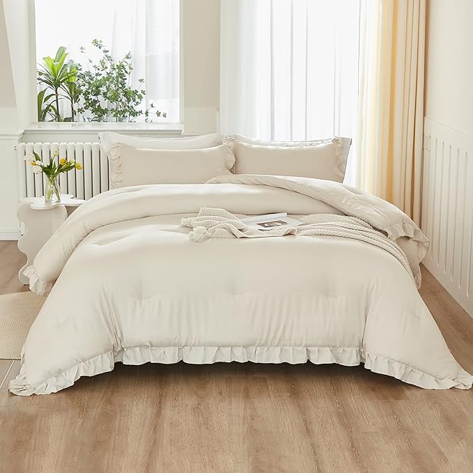 Litanika Comforter Twin Size Set Beige, 2 Pieces Ruffle Lightweight Bedding Comforter Set, Fluffy Bed Set (66x90In Comforter, 1 Pillowcase)