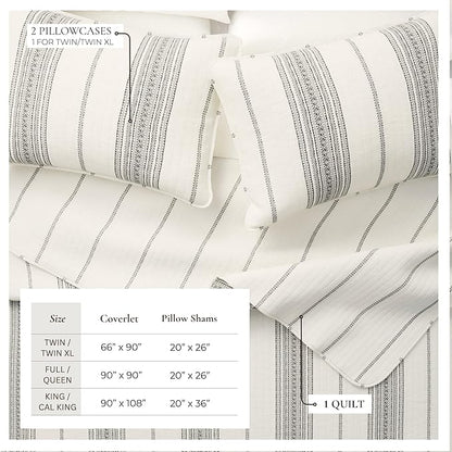 Great Bay Home Striped Quilt Set - 3-Piece King/California King Size Farmhouse Bedding Set - Lightweight, All-Season, Reversible Bedspread (White/Grey)