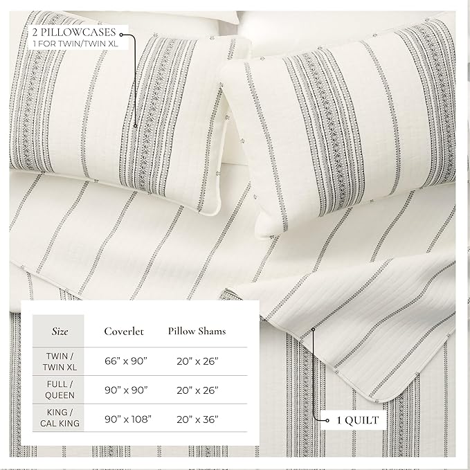 Great Bay Home Striped Quilt Set - 3-Piece Full/Queen Size Farmhouse Bedding Set - Lightweight, All-Season, Reversible Bedspread (White/Grey)