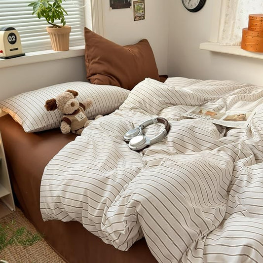 Striped Comforter Set Queen 3 Pieces Beige Stripes Bedding Set, Beige Khaki Brown Striped Design, 100% Microfiber, Super Soft Lightweight Comforter with 2 Pillowcases, All Season