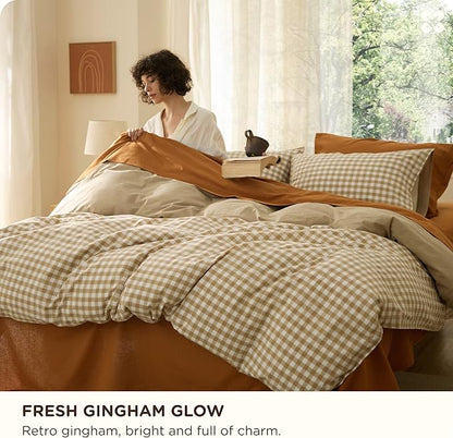 Bedsure Gingham Duvet Cover King Size, 100% Washed Cotton PureWoven Duvet Cover Linen Like Textured, Classic Yarn-Dyed Checkered Pattern Enhances Bedroom Comfort and Style, Gingham Khaki, 104"x90"