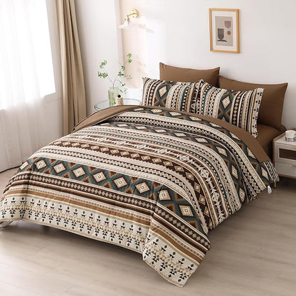 Dinjoy Boho Comforter Set Full Size 7 Piece Bed in a Bag Soft Brown Striped Bedding Sets Bohemian Comforters and Sheet Set, Microfiber Aztec Complete Sets for All Season
