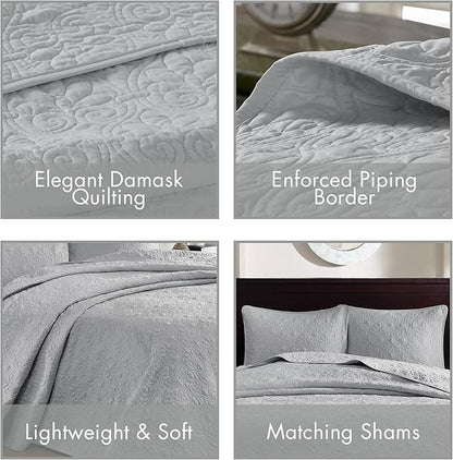Madison Park Quebec Queen Size Quilt Bedding Set - Grey , Damask – 3 Piece Bedding Quilt Coverlets – Ultra Soft Microfiber Bed Quilts Quilted Coverlet