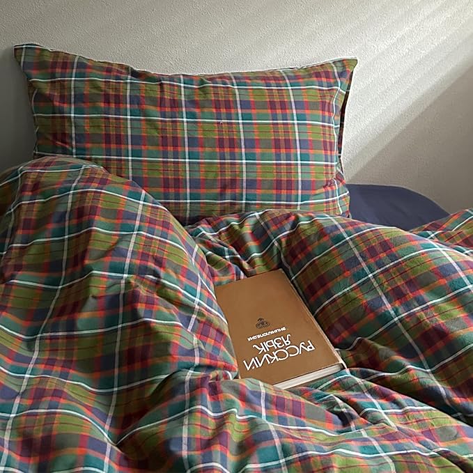MKXI Buffalo Plaid Duvet Cover Set 3 Piece Vintage Bedding in Kelly Green, Navy & Red | 100% Washed Cotton Reversible Design with Zipper Closure & Corner Ties,Shabby Chic Aesthetic for Queen
