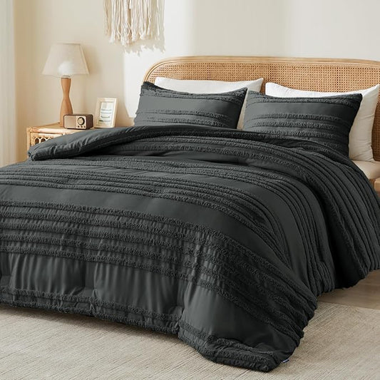 BEDELITE Boho Comforter Set Queen Size, Dark Grey Tufted Striped Bed Set 3 Pieces, Soft Vintage Farmhouse Comforter for All Seasons, Boho Home Decor,Fluffy Jacquard Bedding with 2 Pillow Shams