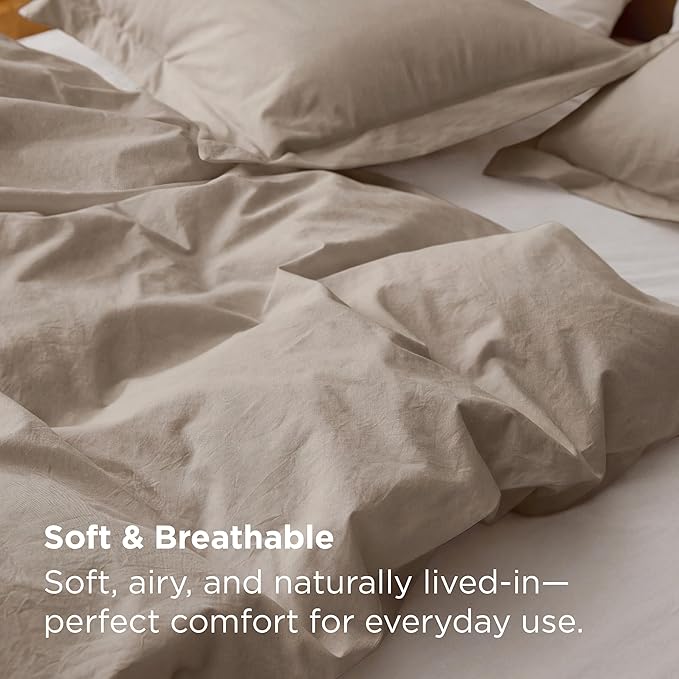 Bedsure 100% Washed Cotton Duvet Cover Full Size - Tannish Linen Grey Minimalist Bedding Set 3-Piece - PureWoven Plain Simple & Soft Comforter Cover for All Seasons (Tannish Linen Grey, Full, 80"x90")