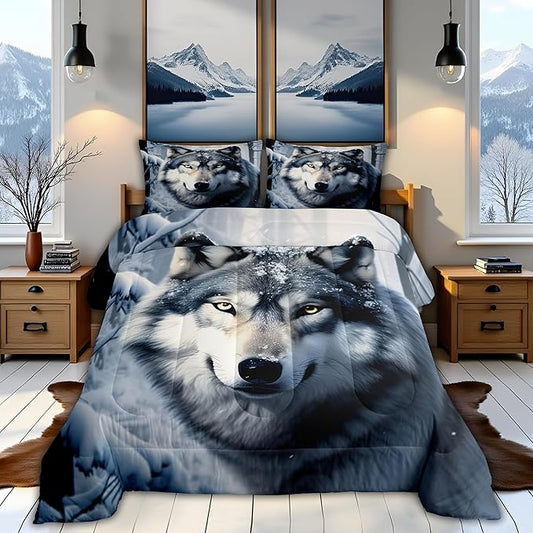 Castle Fairy Wolf Comforter Set King Size,Nature Wild Animals Quilt Set 3pcs,3D Print Winter Snow View Bedding Set for Kids Teens Adults Home Decor,White Black Microfiber with 2 Pillowcases