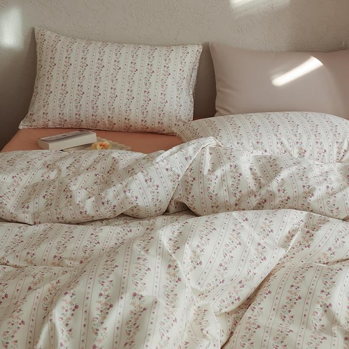 Floral Comforter Queen Size Set Cotton Boho Bedding Set Fluffy Girls Down Alternative All Season Bedding Comforter Sets Cozy Light Weight Cute Farmhouse Bed Comforter with 2 Pillowcases