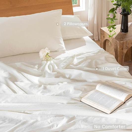 MooMee Bedding Duvet Cover Set 100% Washed Cotton Linen Like Textured Breathable Durable Soft Comfy (Solid Off White, Full 80"x90")