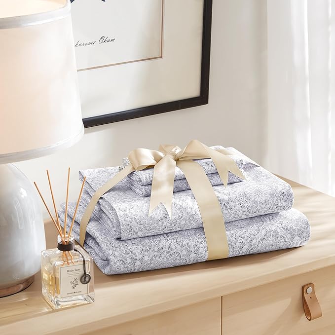 Comfort Spaces 100% Cotton Sheet Set Breathable, Lightweight, Soft with 14" Elastic Pocket Fits up to 16" Mattress, All Season Cozy Bedding, Matching Pillow Case, Full Adelia Gray 4 Piece