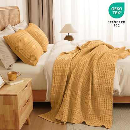 PHF 100% Cotton Waffle Weave Throw Blanket, Soft Lightweight Breathable Cozy Throws for Couch Bed Sofa, Luxury Aesthetic Blanket Gift for Home Decor & Office, 50"x60", Pumpkin Orange