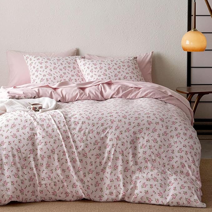 Wake In Cloud - Coquette Duvet Cover Set, Floral Cottagecore Flower Shabby Chic Cute Aesthetic, Soft Lightweight Bedding for Women Teen Girls, 3-Piece, Pink, Full Size