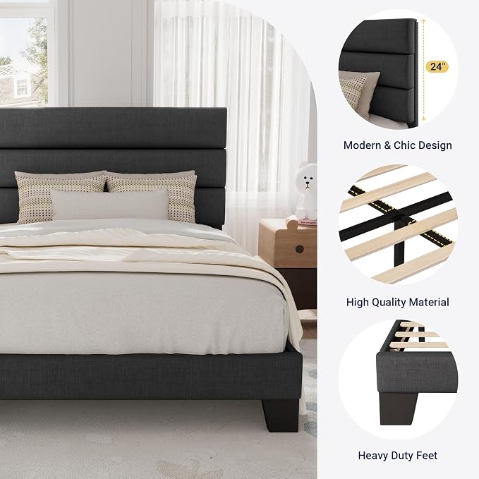 Allewie Twin Size Platform Bed Frame with Fabric Upholstered Headboard Gray | Wooden Slats Support, Fully Upholstered Mattress Foundation, No Box Spring Needed, Easy Assembly, Noise-Free, Dark Grey