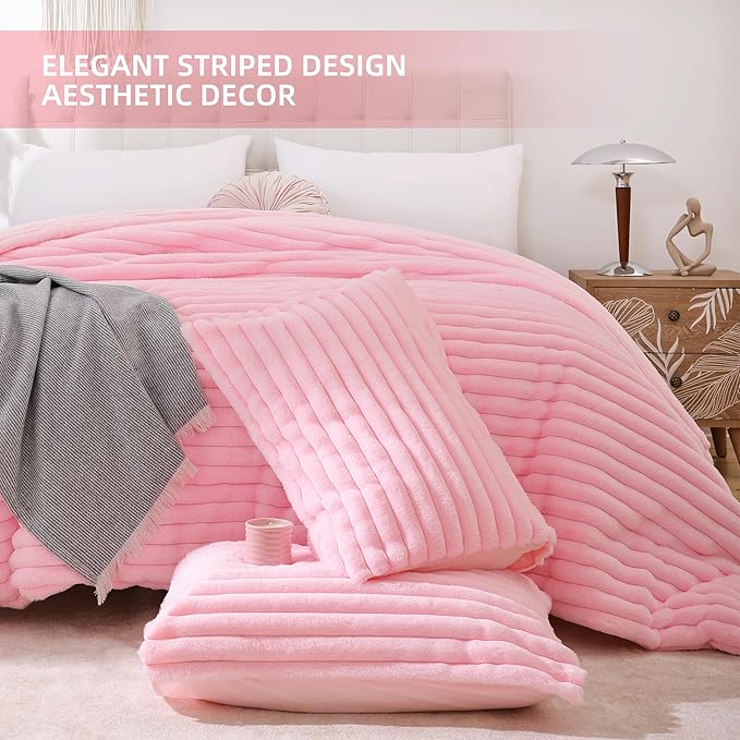 Smoofy Fluffy Twin Comforter Sets 2 Pieces - Pink Fleece Fluffy Comforter Set, Luxury Fuzzy Twin Bedding Set, Soft Twin Size Comforter All Season, Heavy Faux Fur Comforter with Pillow Cases