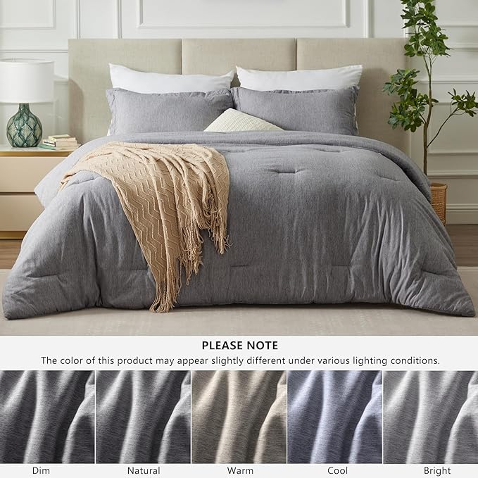 CozyLux King Size Comforter Set - 3 Pieces Grey Soft Luxury Cationic Dyeing Bedding Comforter for All Season, Gray Breathable Lightweight Fluffy Bed Sets with 1 Comforter and 2 Pillow Shams