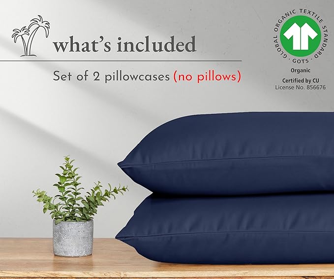 California Design Den 100% Organic Cotton King Pillowcase Pair, Set of 2, Soft & Crisp Percale Weave Cotton Pillow Covers (Navy)