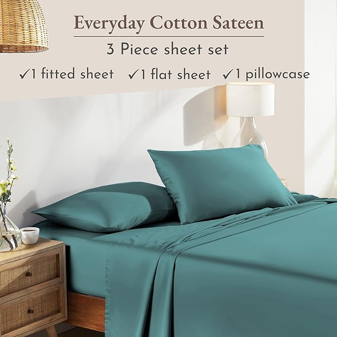 California Design Den Natural 100% Cotton Sheets Twin XL Size Set - Soft Sateen, Twin XL Sheets Set, 12" Pockets, Breathable & Durable Bedding for Dorm Rooms, College Teal (Deep Tone)