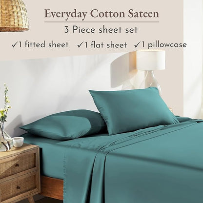 California Design Den Natural 100% Cotton Bed Sheets Twin Size Set - Soft Sateen Twin Sheets with 12" Pockets, Breathable and Durable Bedding Set for Dorm Rooms, College Teal (Deep Tone)