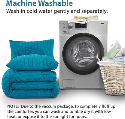 AveLom Teal Seersucker Queen Comforter Set (90x90 inches), 3 Pieces-100% Soft Washed Microfiber Lightweight Comforter with 2 Pillowcases, All Season Down Alternative Comforter Set for Bedding