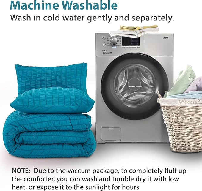 AveLom Teal Seersucker Full Comforter Set (80x90 inches), 3 Pieces-100% Soft Washed Microfiber Lightweight Comforter with 2 Pillowcases, All Season Down Alternative Comforter Set for Bedding