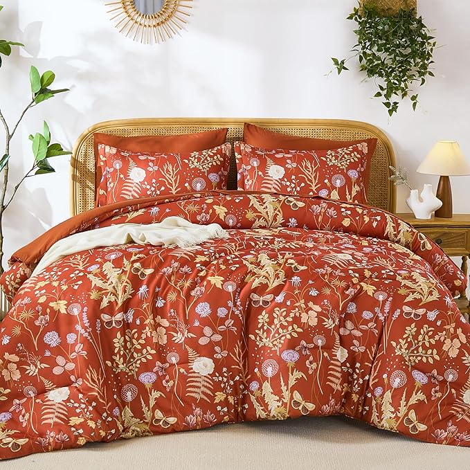 Yiran Queen Comforter Set 7 Piece,Burnt Orange Floral Bedding Set, Bed in a Bag Queen Size with Botanical Flowers Spring, Soft Lightweight Terracotta Comforters with Sheets Complete for All Season