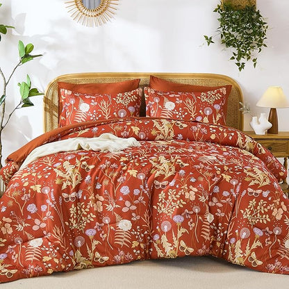 Yiran Queen Comforter Set 7 Piece,Burnt Orange Floral Bedding Set, Bed in a Bag Queen Size with Botanical Flowers Spring, Soft Lightweight Terracotta Comforters with Sheets Complete for All Season