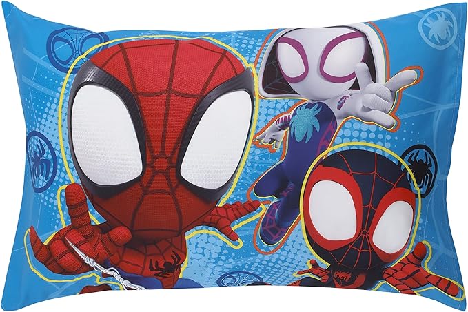 Disney Marvel Spidey and his Amazing Friends Spidey Team Red, White, and Blue 4 Piece Toddler Bed Set - Comforter, Fitted Bottom Sheet, Flat Top Sheet, and Reversible Pillowcase