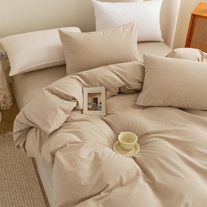 ECOCOTT 100% Washed Cotton Duvet Cover Super King Size – Soft & Breathable Linen Feel Bedding Set, 3 Pieces Khaki Comforter Cover with Zipper Closure for All Seasons