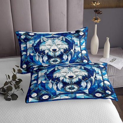 Wolf Kids Bedspread King Size,Dreamcatcher Feather Wild Animal Rustic Hunting Coverlet Set,Boys Girls Room Decor,Indian Geometric Grids Patchwork Quilted Coverlet,Boho Bedding Quilt,2 Pillowcases