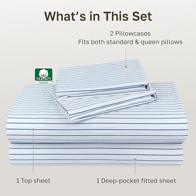 California Design Den Printed Striped Sheets Queen Size Bed Set - 600 Thread Count, 100% Cotton Sateen, Premium Deep Pocket Queen Bed Sheets - Classic Blue Stripe Print