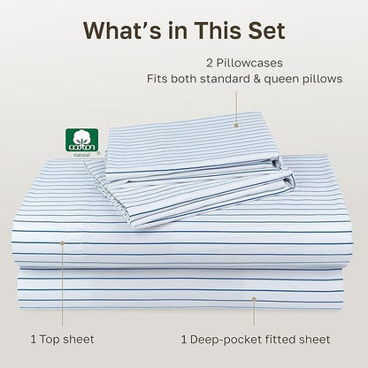 California Design Den Printed Striped Sheets Queen Size Bed Set - 600 Thread Count, 100% Cotton Sateen, Premium Deep Pocket Queen Bed Sheets - Classic Blue Stripe Print