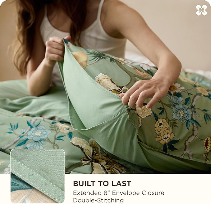 Bedsure Floral Duvet Cover Queen Size - 100% Cotton Reversible Flowers and Birds Pattern Duvet Cover Set, 3 Pieces Soft & Breathable PureWoven Bedding Set with 2 Pillow Shams (Green Garden, 90"x90")