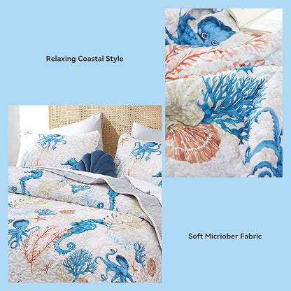 weigelia Coastal Quilts Bedding Set Queen Size - Summer Nautical Bedding Quilt with Pillow Cases, Beach Reversible Quilt Set Ocean Blue Seahorse Bedspreads Coverlet Soft Lightweight Comforter